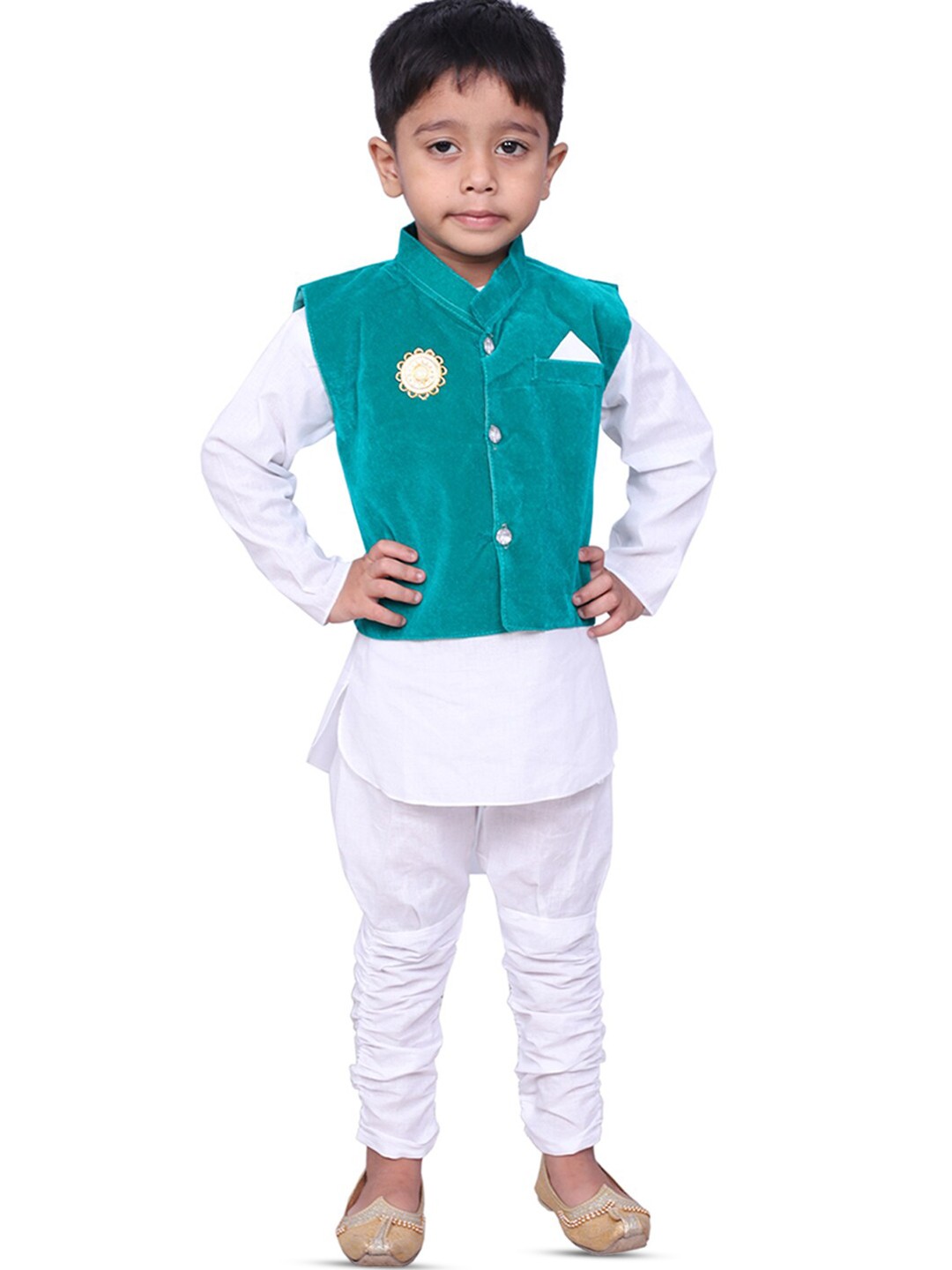 

BAESD Boys Regular Pure Cotton Kurta & Churidar With Nehru jacket Kurta Sets, White