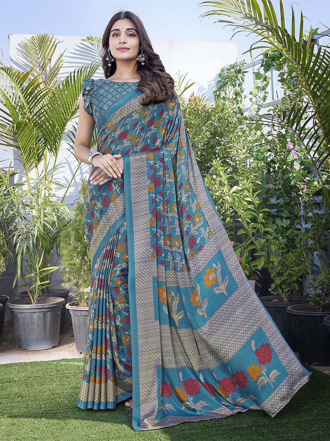 

MAGMINA Floral Printed Brasso Banarasi Saree, Turquoise blue