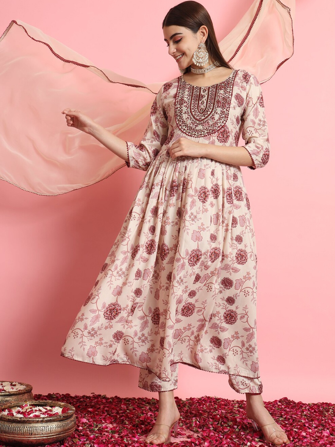 

VredeVogel Floral Printed Pleated Thread Work Kurta with Trousers & Dupatta, Beige