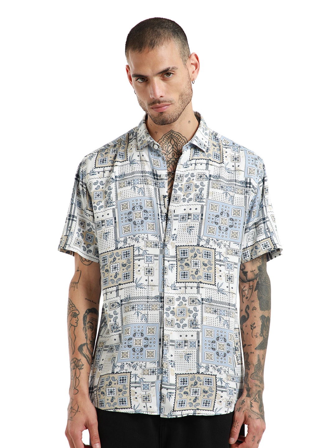 

Banana Club Spread Collar Relaxed Ethnic Motifs Printed Casual Shirt, White