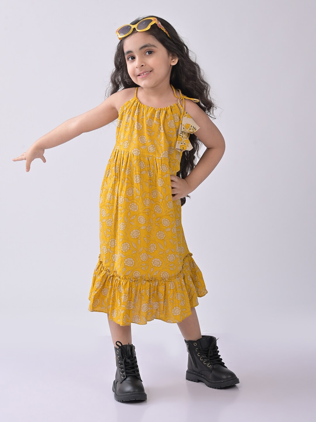 

Sangria Girls Floral Printed Cotton A-Line Dress, Yellow