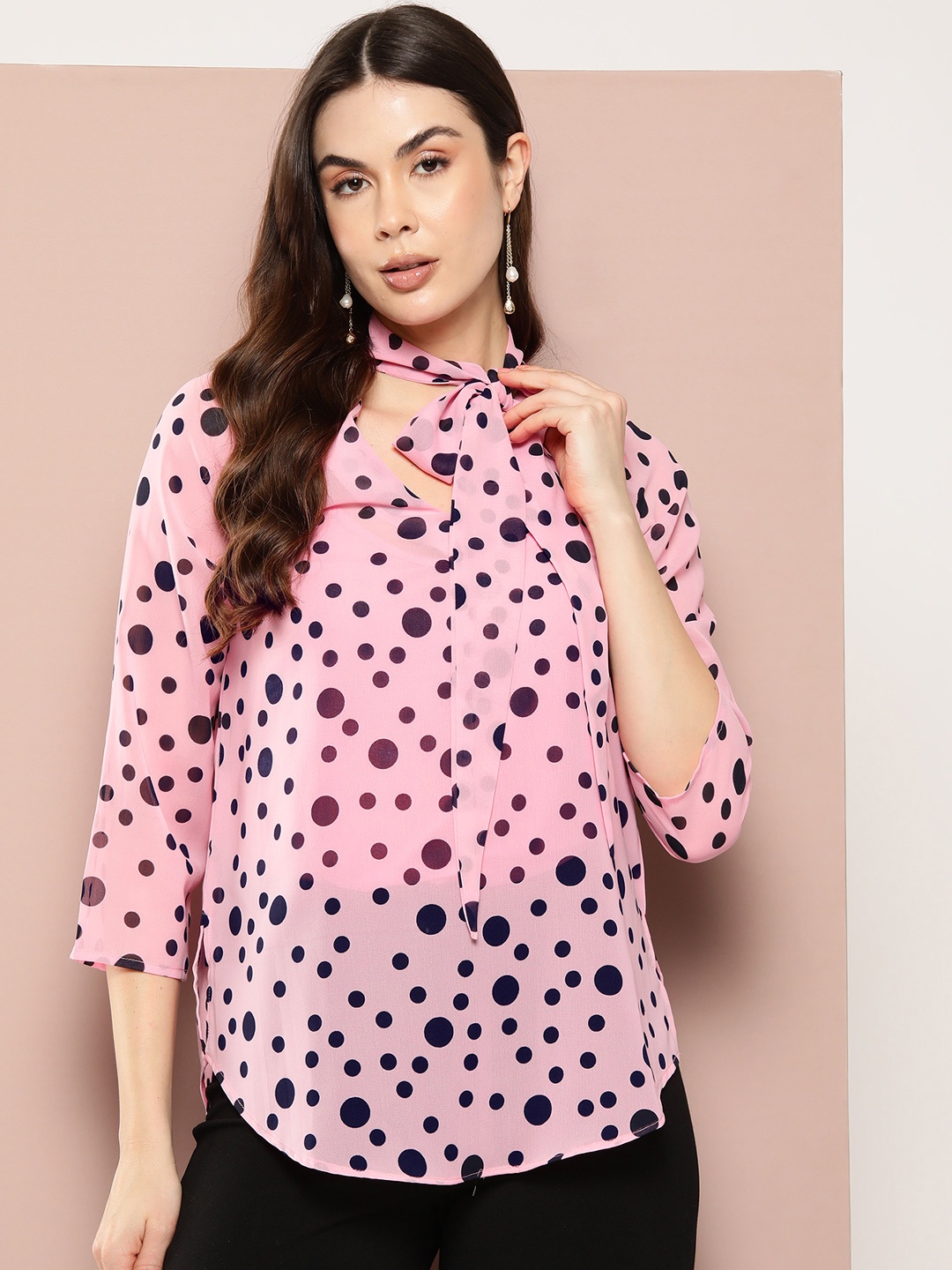 

Qurvii Polka Dot Print Tie-Up Neck Shirt Style Top, Pink