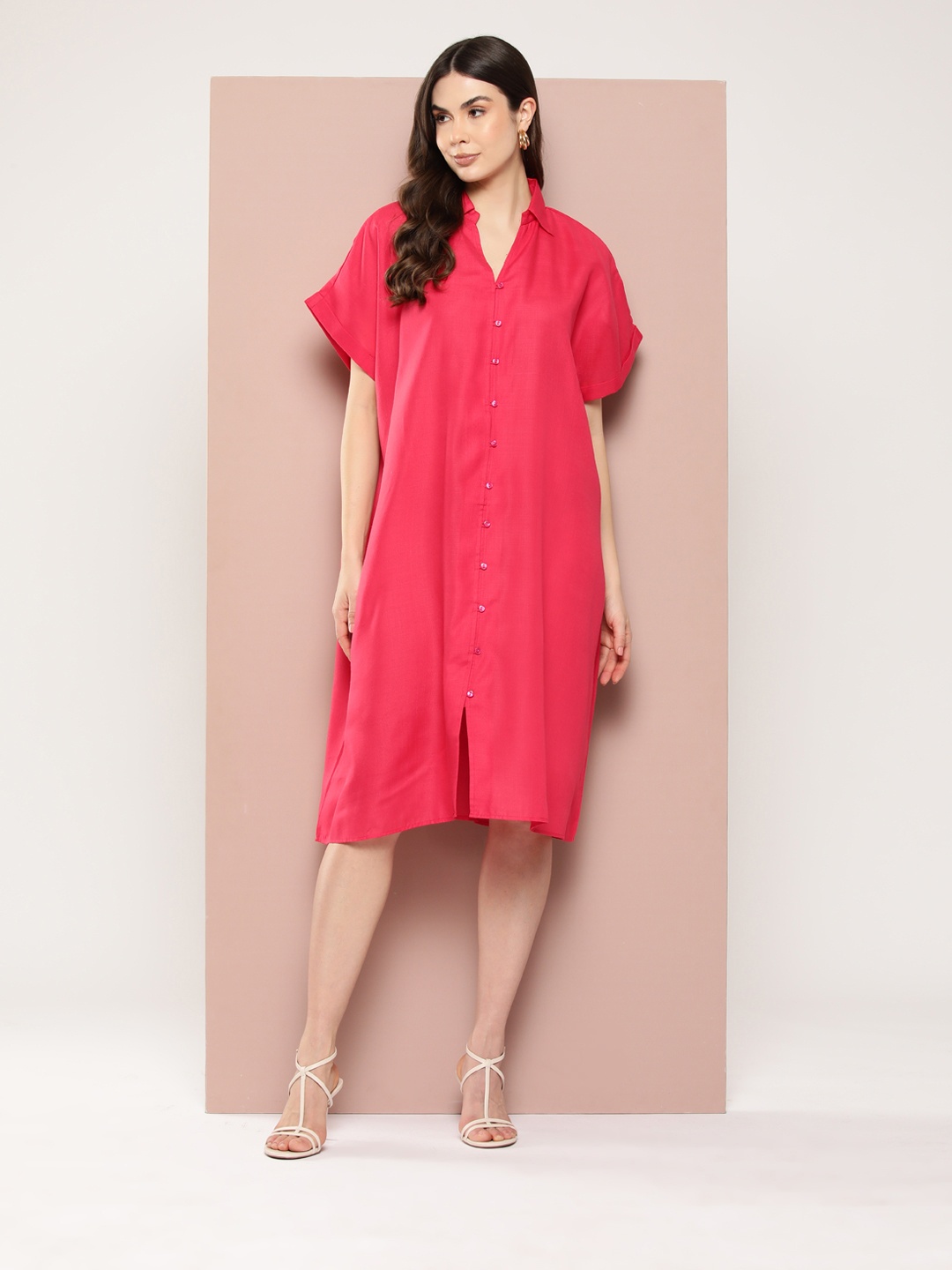 

Qurvii Oversized Cotton Slub Shirt dress, Pink