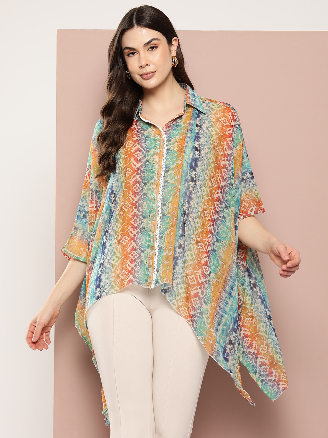 

Qurvii Women Comfort Printed Kimono Sleeves Casual Shirt, Multi