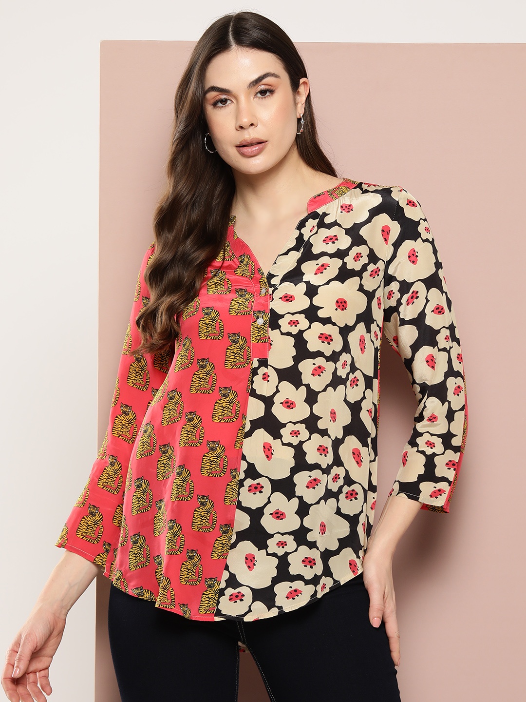 

Qurvii Comfort Floral Colourblocked Mandarin Collar Casual Shirt, Beige
