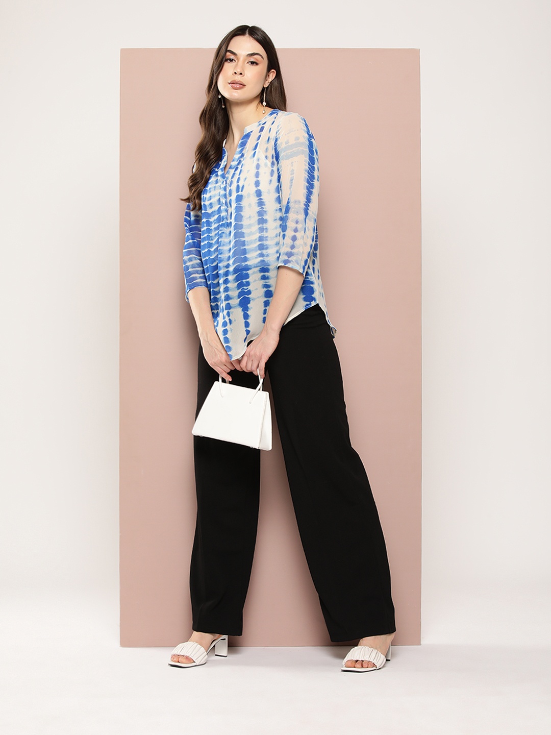 

Qurvii Women Comfort Semi Sheer Abstract Printed Mandarin Collar Casual Shirt, Blue