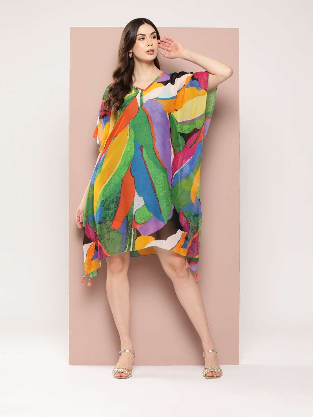 

Qurvii Print Kimono Sleeves Georgette Kaftan Dress, Multi