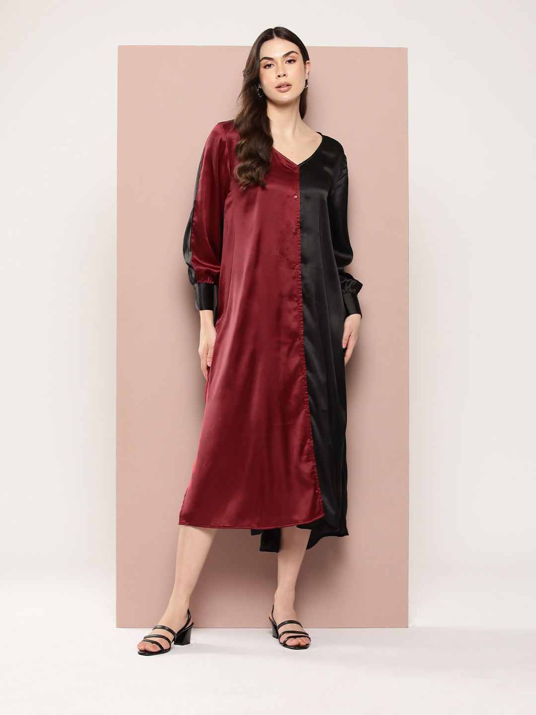 

Qurvii Colourblocked Satin A-Line Midi Dress, Maroon