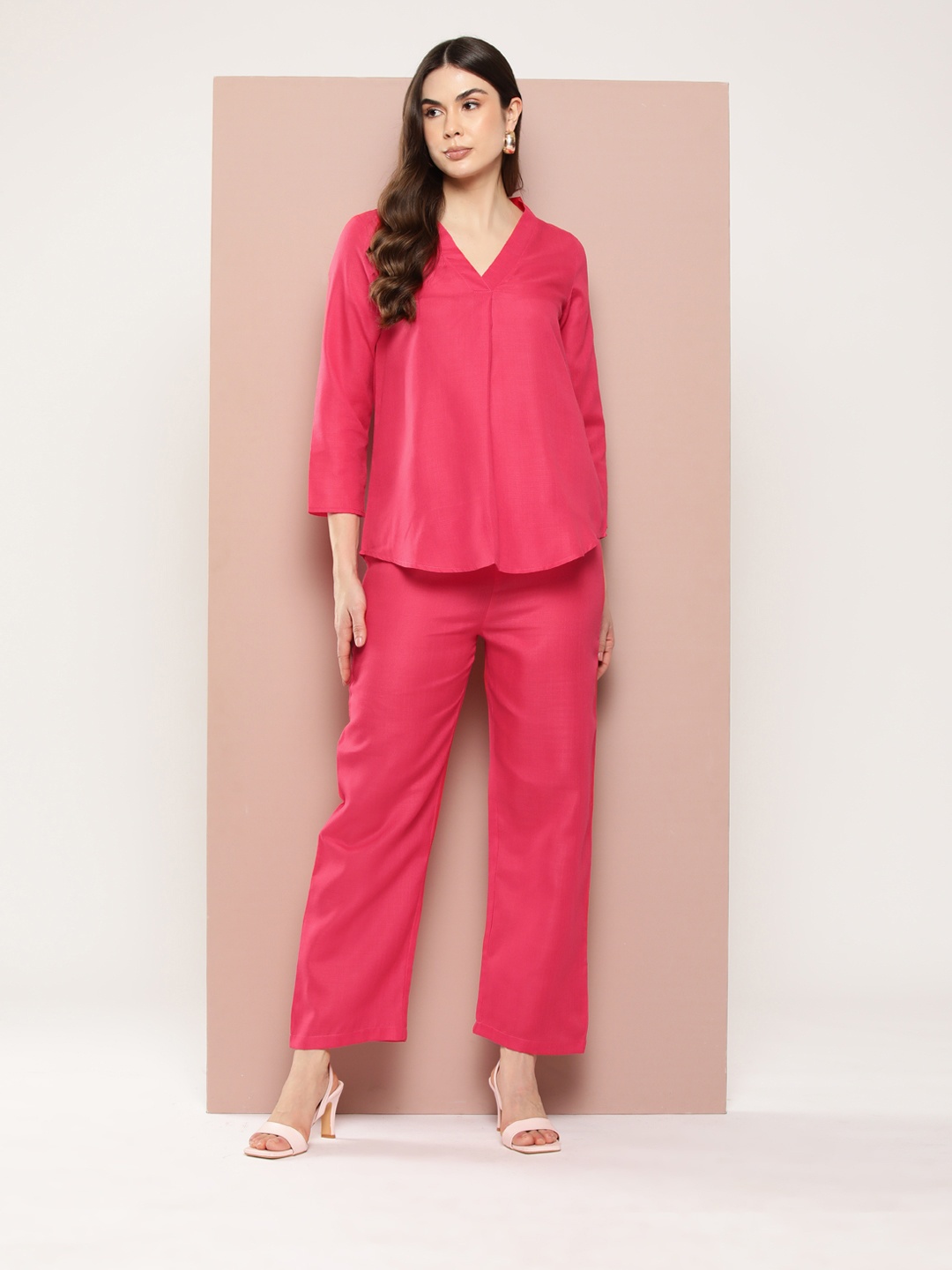 

Qurvii Cotton Slub Top with Trousers, Pink