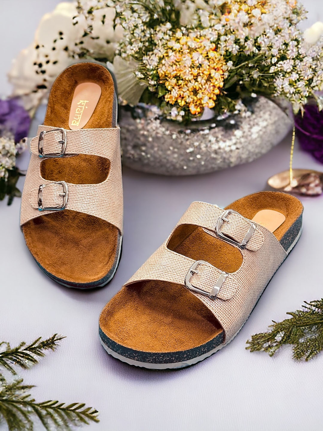 

Kiana Textured Buckles Detailed Open Toe Flats, Brown