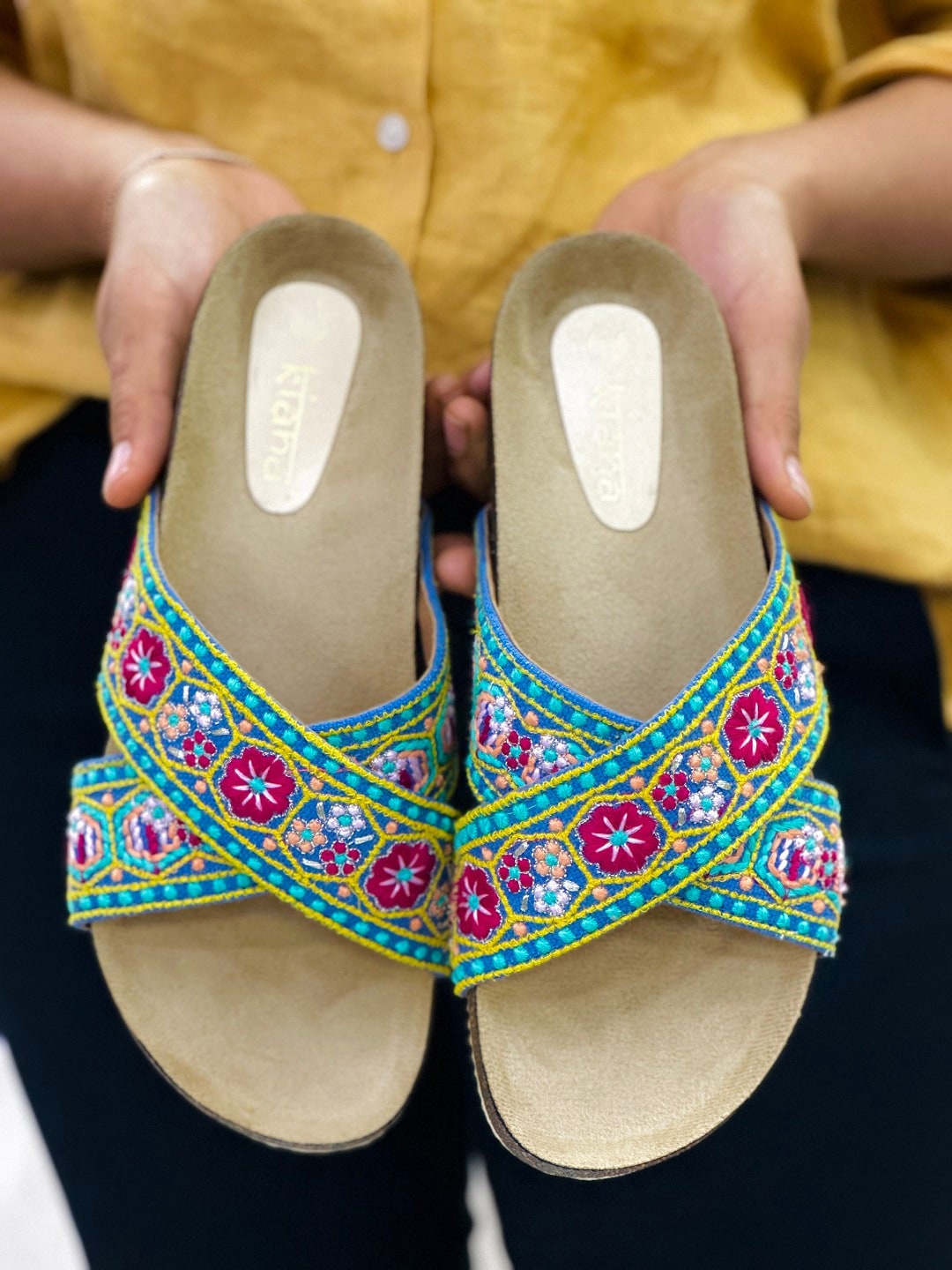 

Kiana House Of Fashion Embroidered Strappy Open Toe Flats, Blue