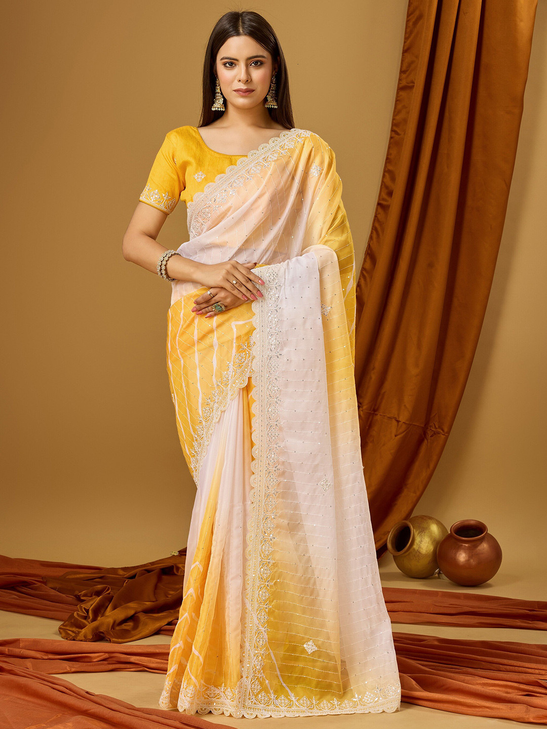 

TEEYA CREATION Abstract Sequinned Embroidered Organza Saree, Yellow