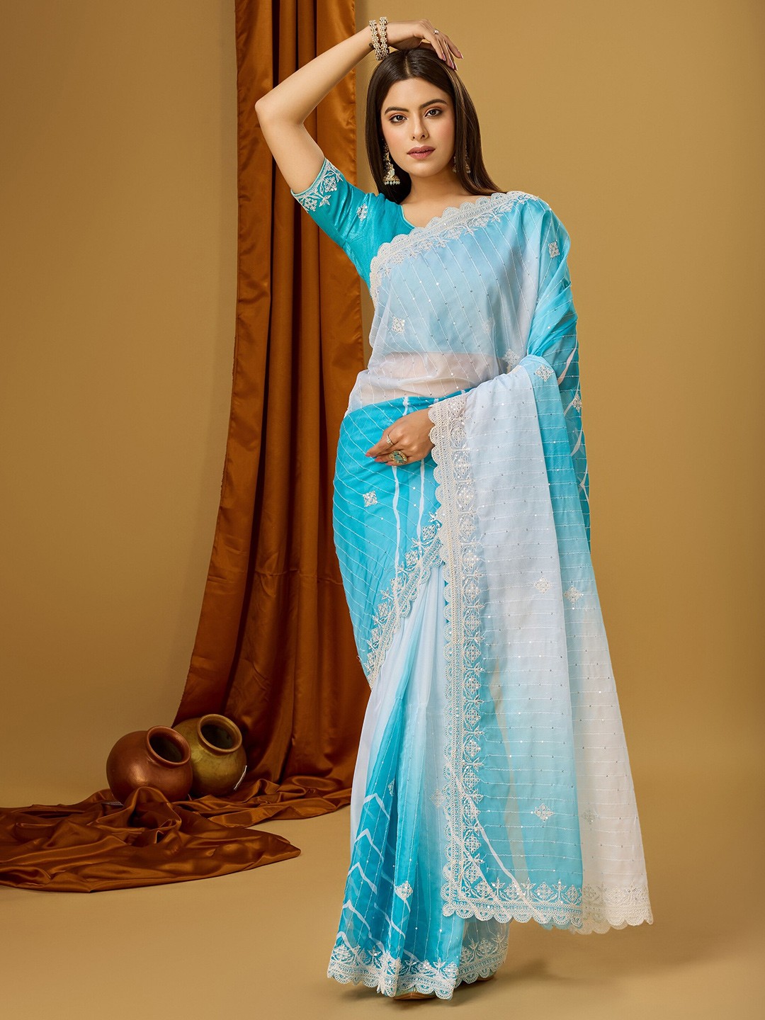 

TEEYA CREATION Abstract Sequinned Embroidered Organza Saree, Blue