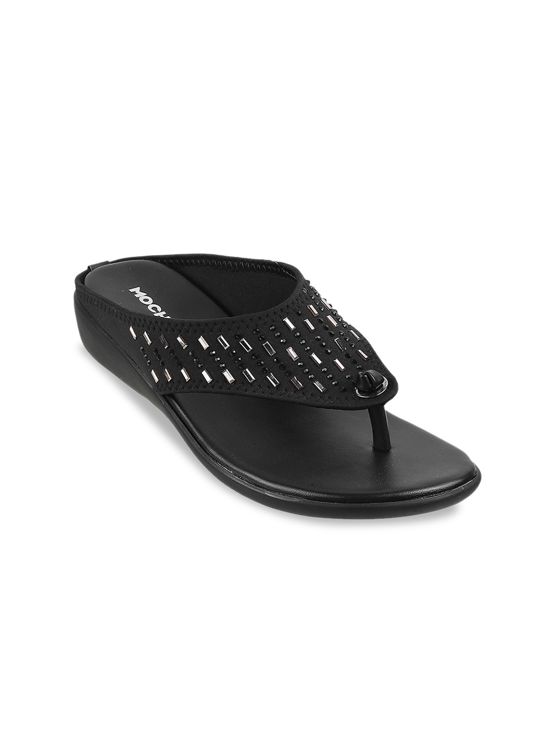 

Mochi Embellished Open Toe T-Strap Flats, Black