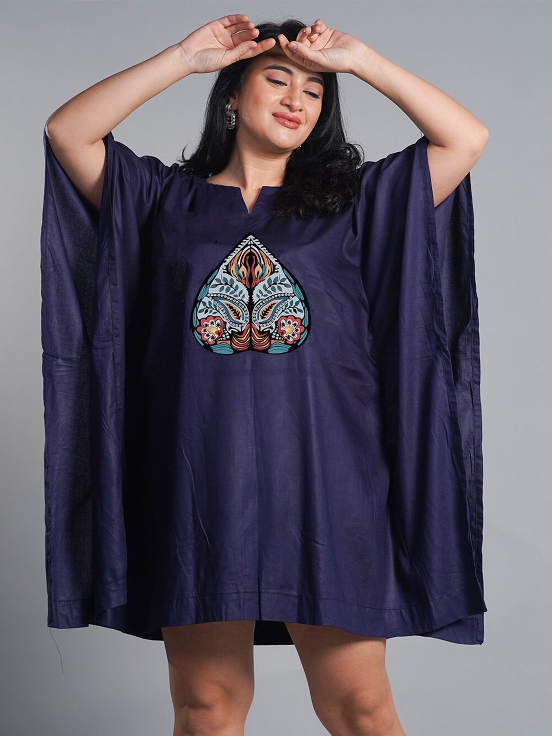 

LetsDressUp Ethnic Motifs Printed Kimono Sleeve Kaftan Dress, Navy blue