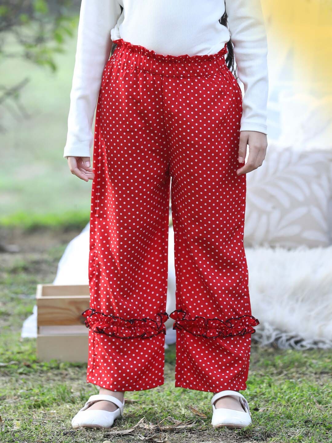 

Cutiekins Girls Polka Dot Printed Knitted Straight Palazzos, Red