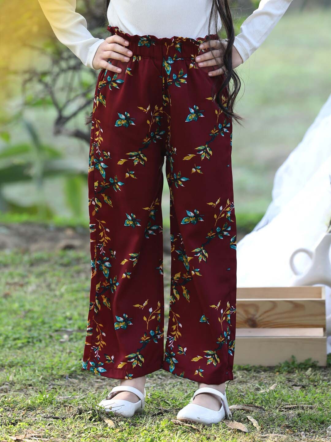 

Cutiekins Girls Floral Printed Knitted Straight Palazzos, Maroon
