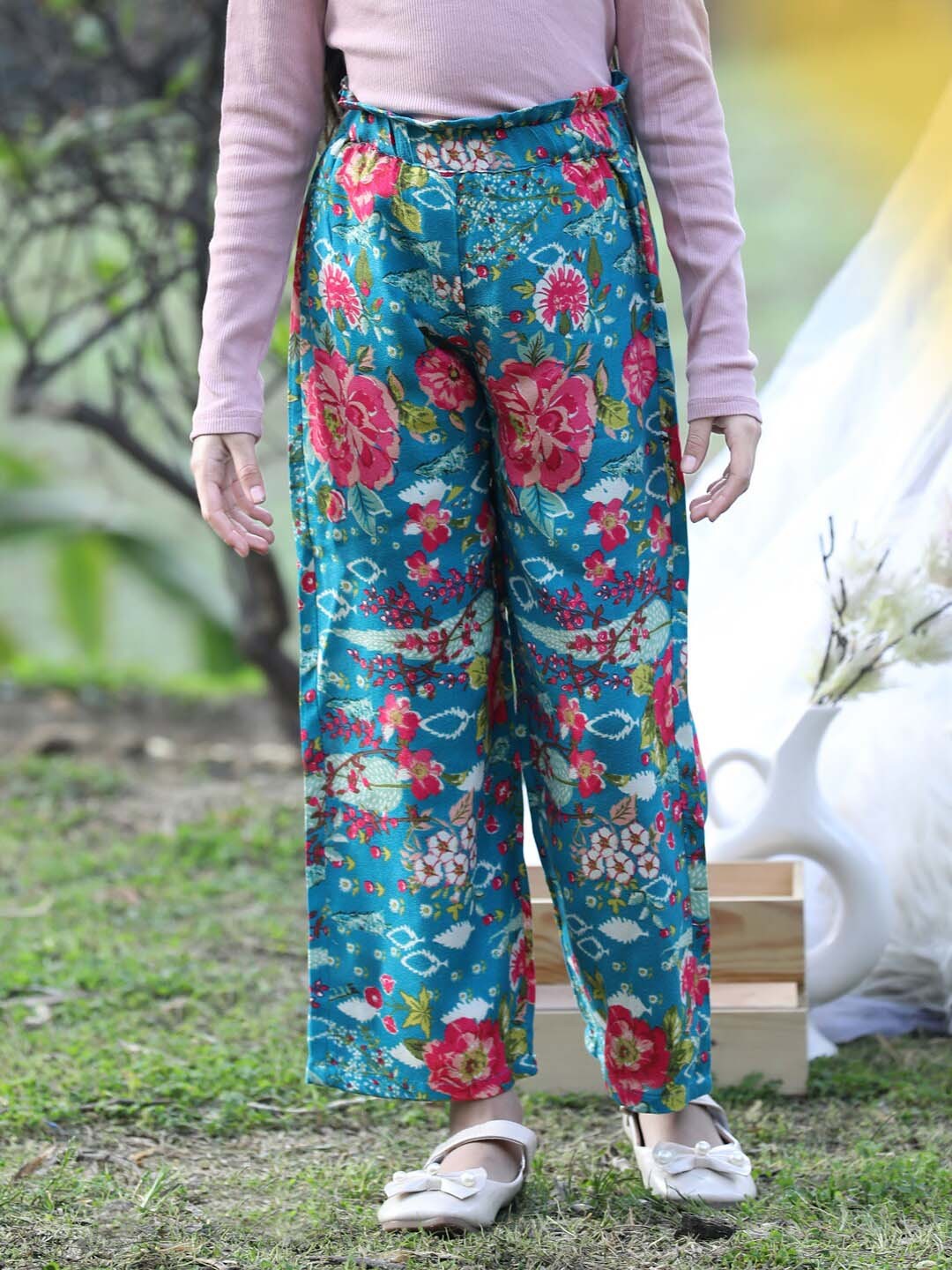 

Cutiekins Girls Floral Printed Knitted Straight Palazzos, Teal