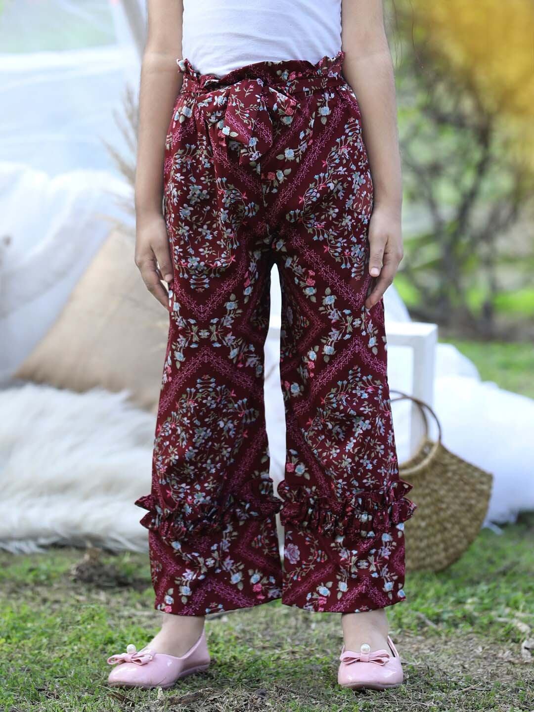

Cutiekins Girls Floral Printed Knitted Straight Palazzos, Maroon