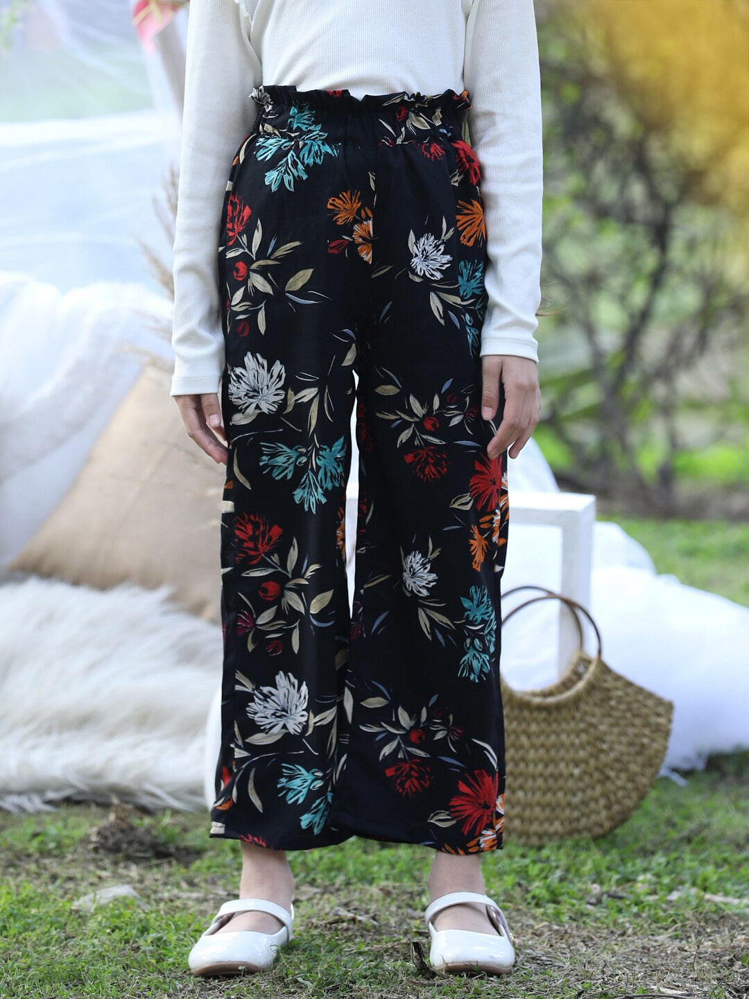 

Cutiekins Girls Floral Printed Knitted Straight Palazzos, Black