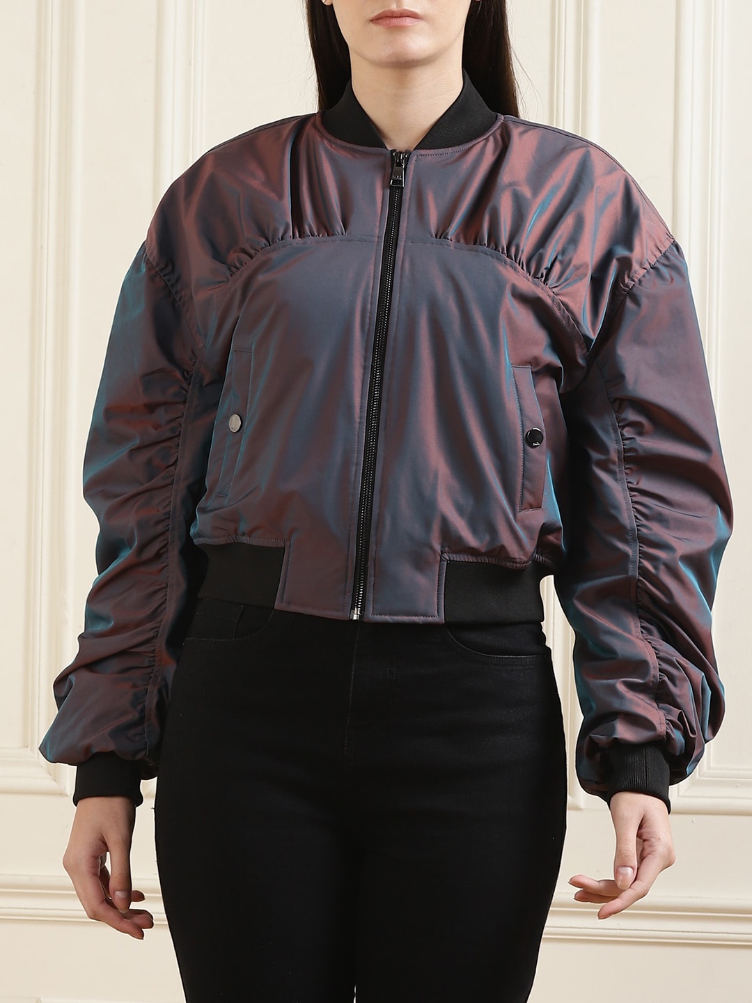 

Karl Lagerfeld Mock Collar Long Sleeves Crop Bomber Jacket, Maroon