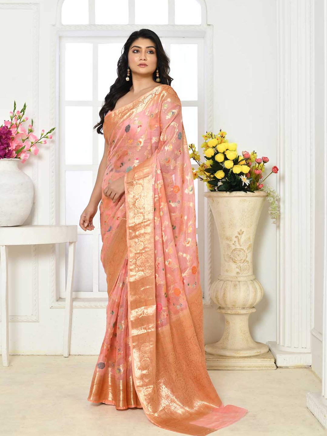 

Rasm by Muskaan Floral Woven Design Zari Banarasi Saree, Peach