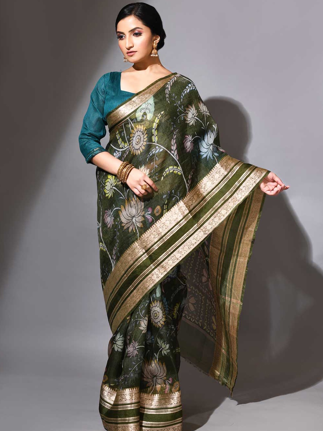 

Rasm by Muskaan Floral Woven Design Zari Banarasi Saree, Olive