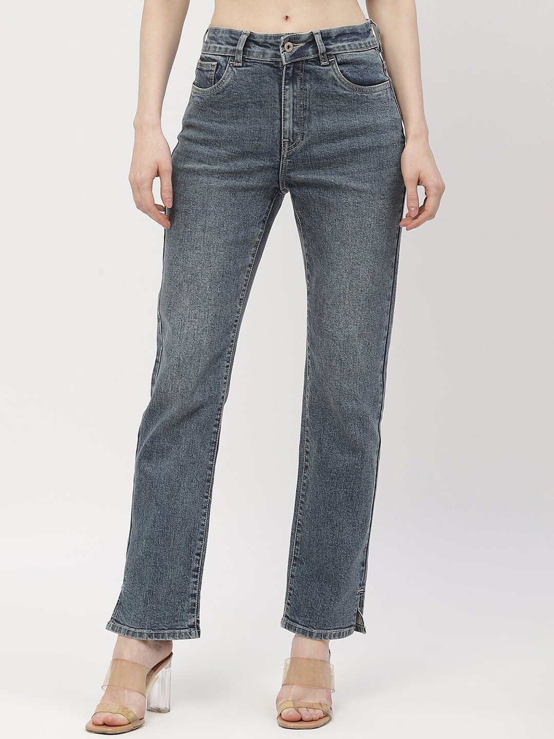 

Madame Women Clean Look Straight Fit Heavy Fade Cotton Cropped Jeans, Blue