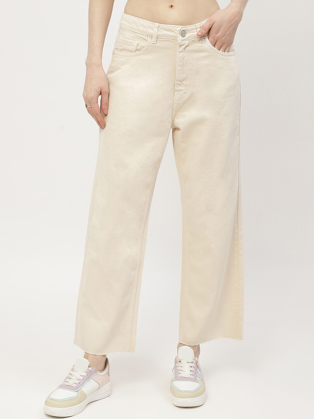 

Madame Women Wide Leg High-Rise Clean Look Cotton Jeans, Beige