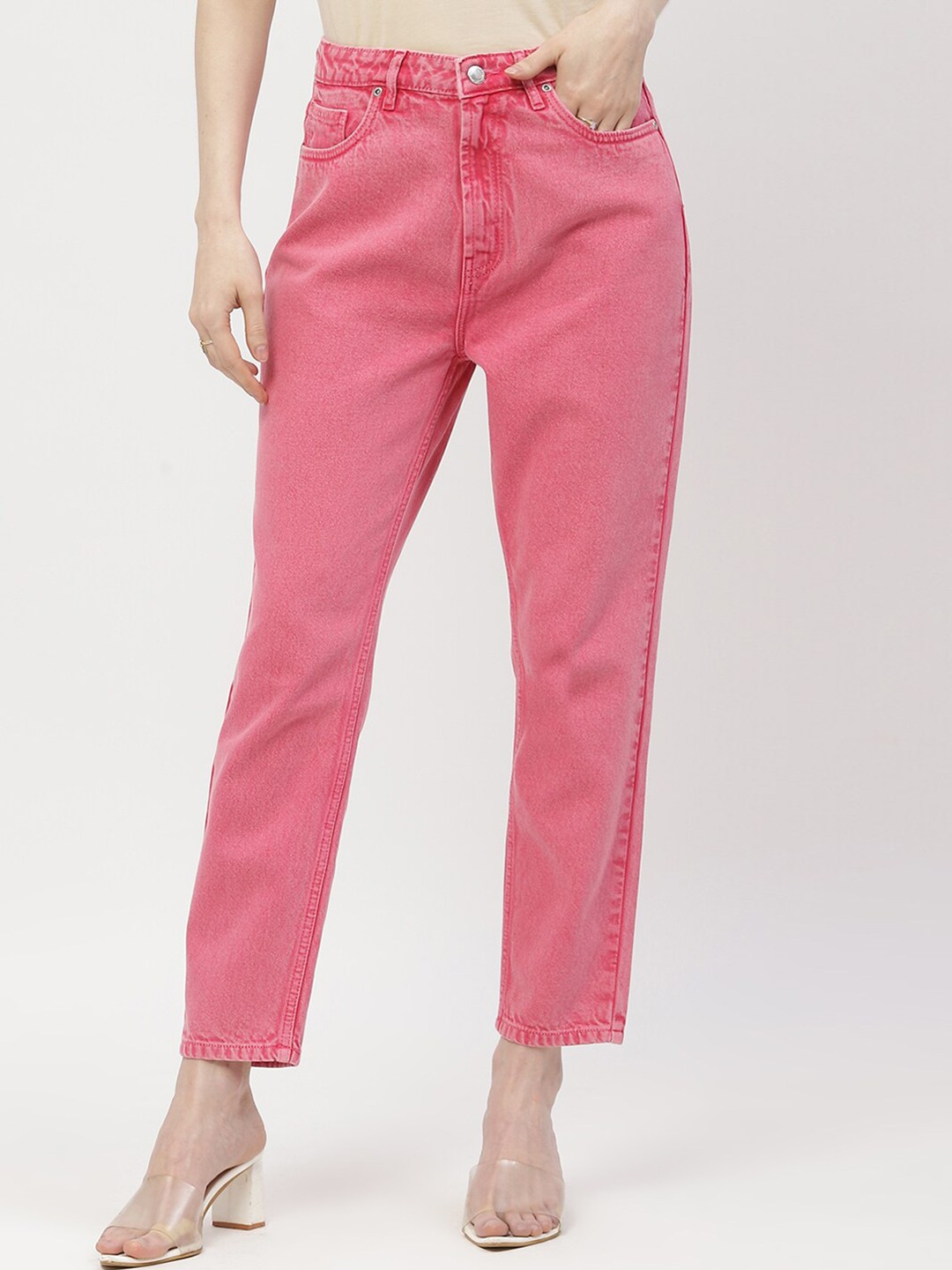 

Madame Women Mom Fit Mid-Rise Clean Look Cotton Jeans, Pink