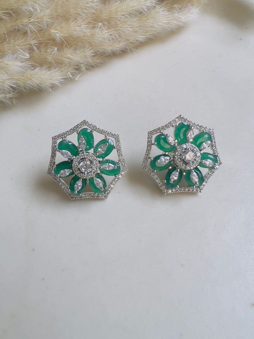 

XAGO Silver Plated Cubic Zirconia Studded Floral Stud Earrings