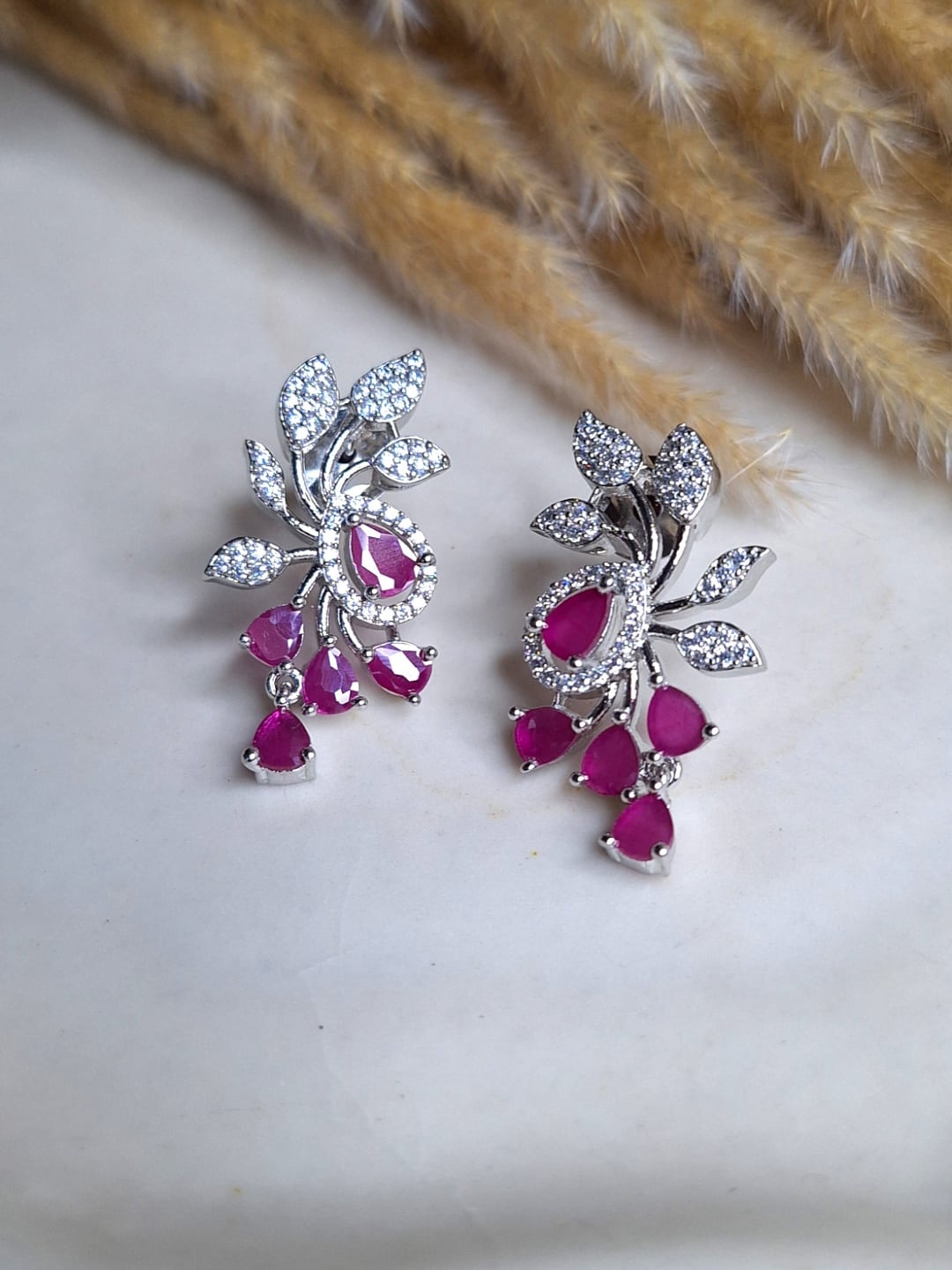

XAGO Silver-Plated Cubic Zirconia Studded Drop Earrings, Pink