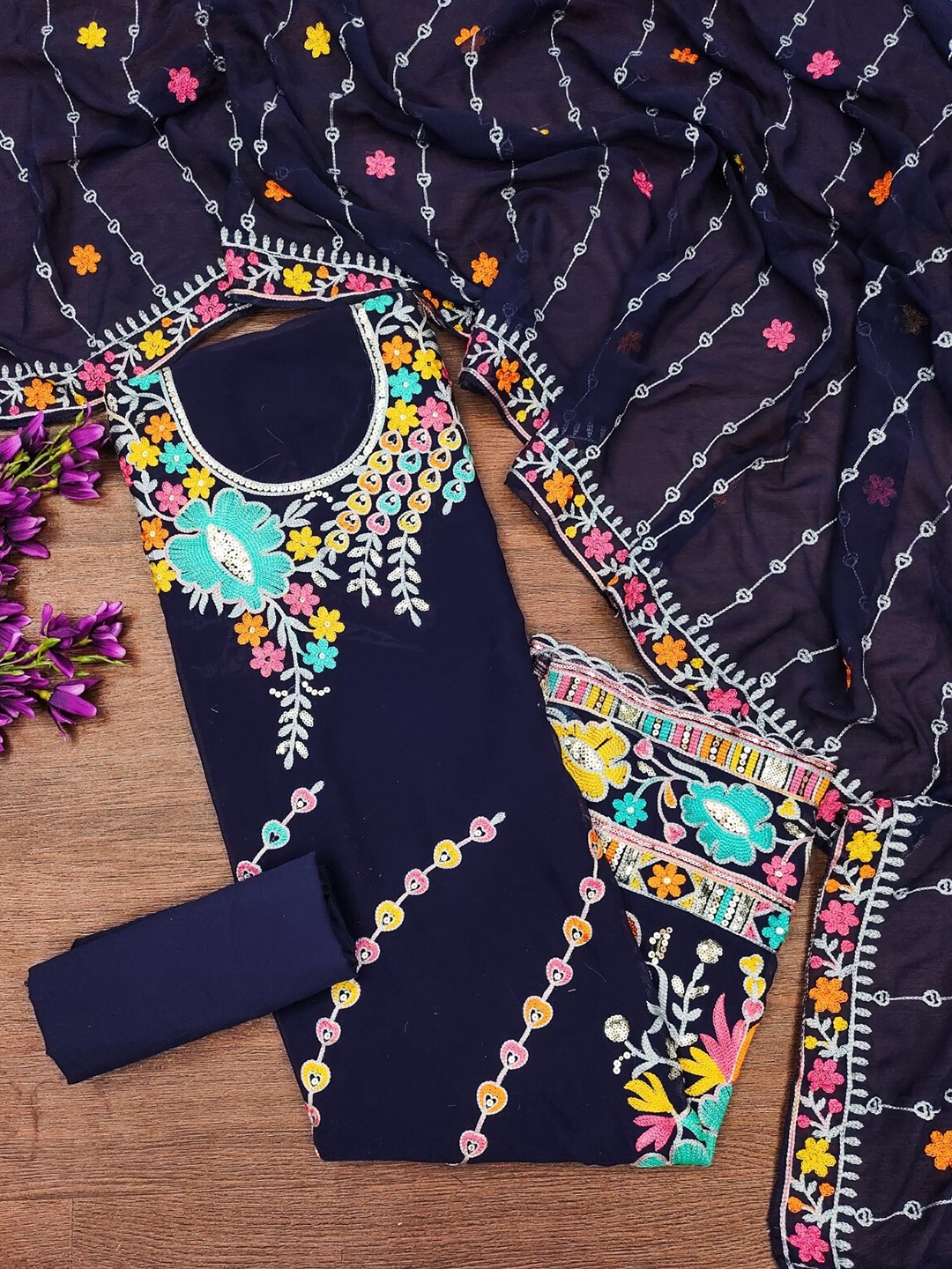 

KALINI Embroidered Unstitched Dress Material, Navy blue
