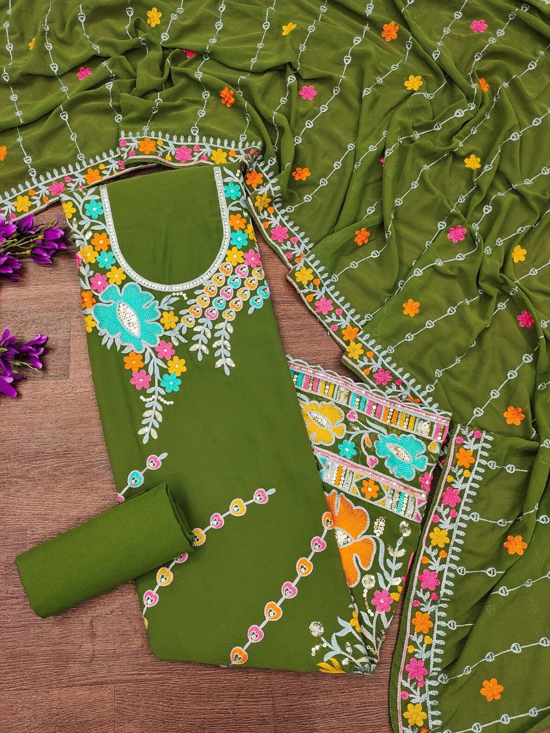 

KALINI Embroidered Unstitched Dress Material, Green