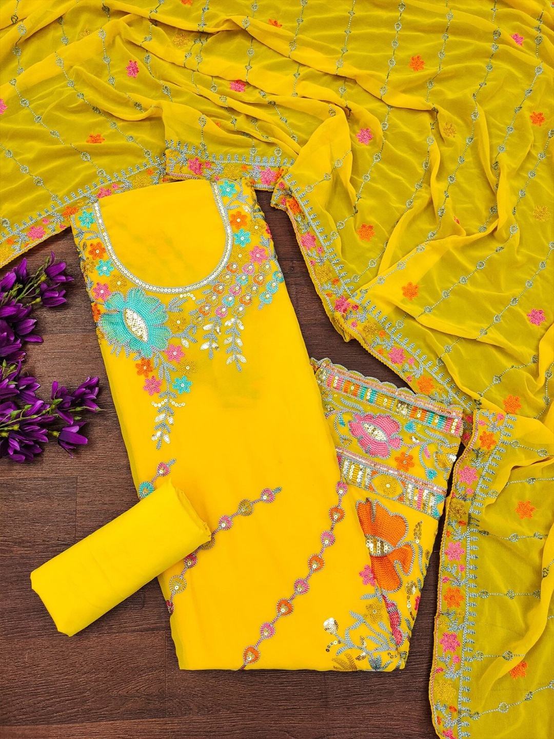 

KALINI Embroidered Unstitched Dress Material, Yellow