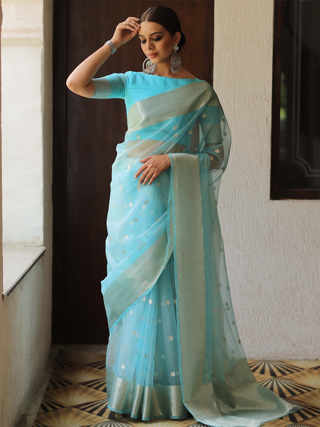 

GLORYANCE Ethnic Motifs Zari Organza Saree, Blue