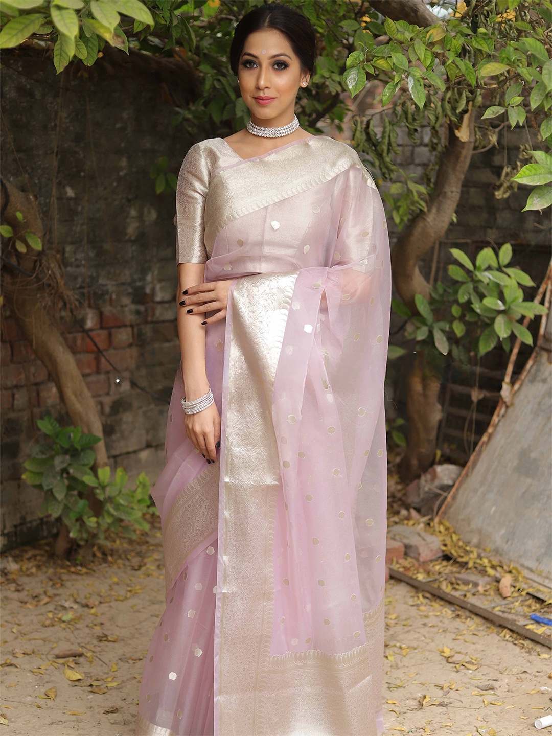 

GLORYANCE Ethnic Motifs Zari Organza Saree, Pink