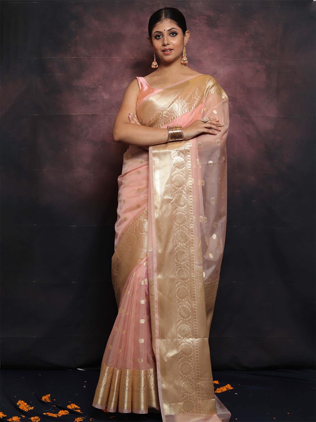 

GLORYANCE Woven Design Zari Organza Saree, Peach