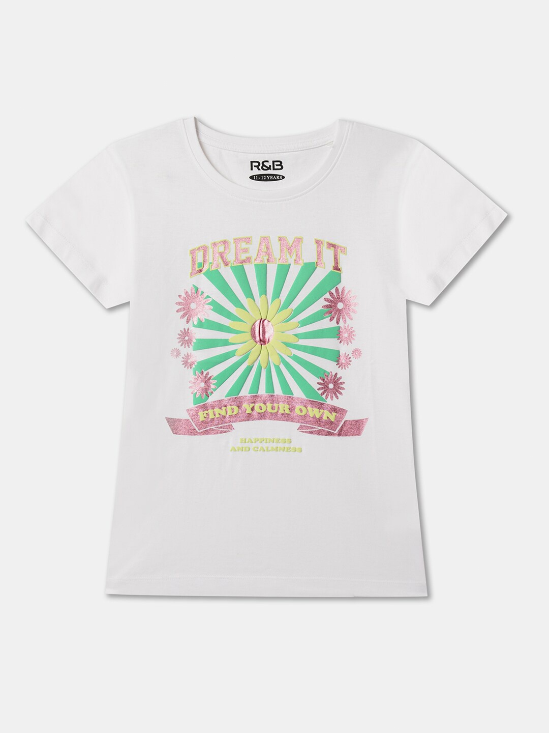 

R&B Girls Graphic Printed Cotton T-shirt, White