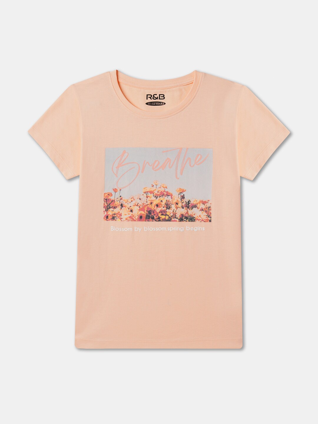 

R&B Girls Graphic Printed Round Neck Regular Sleeves Cotton T-shirt, Peach