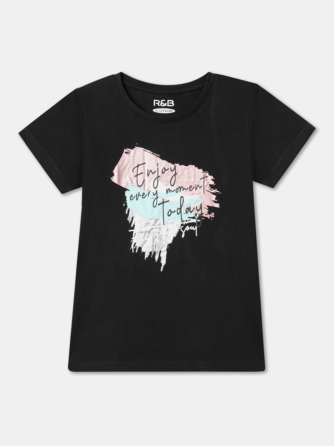 

R&B Girls Typography Printed Round Neck Regular Sleeves Cotton T-shirt, Black