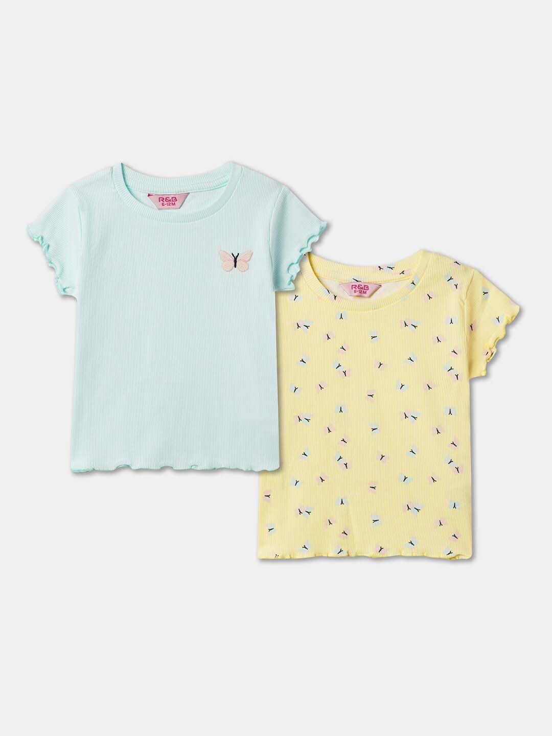 

R&B Girls Pack Of 2 Printed Round Neck Regular Sleeves Cotton T-shirt, Blue