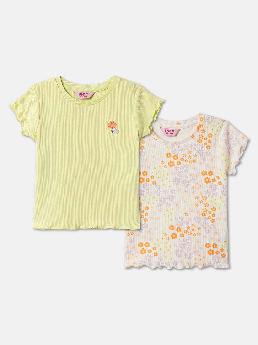 

R&B Girls Pack Of 2 Floral Printed Round Neck Regular Sleeves Cotton T-shirt, Yellow