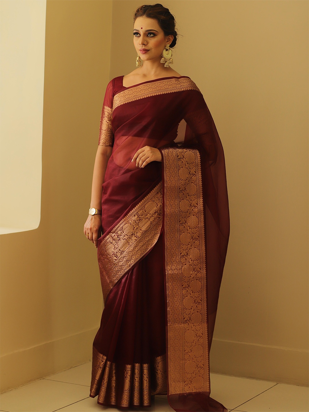 

GLORYANCE Zari Organza Banarasi Saree, Maroon