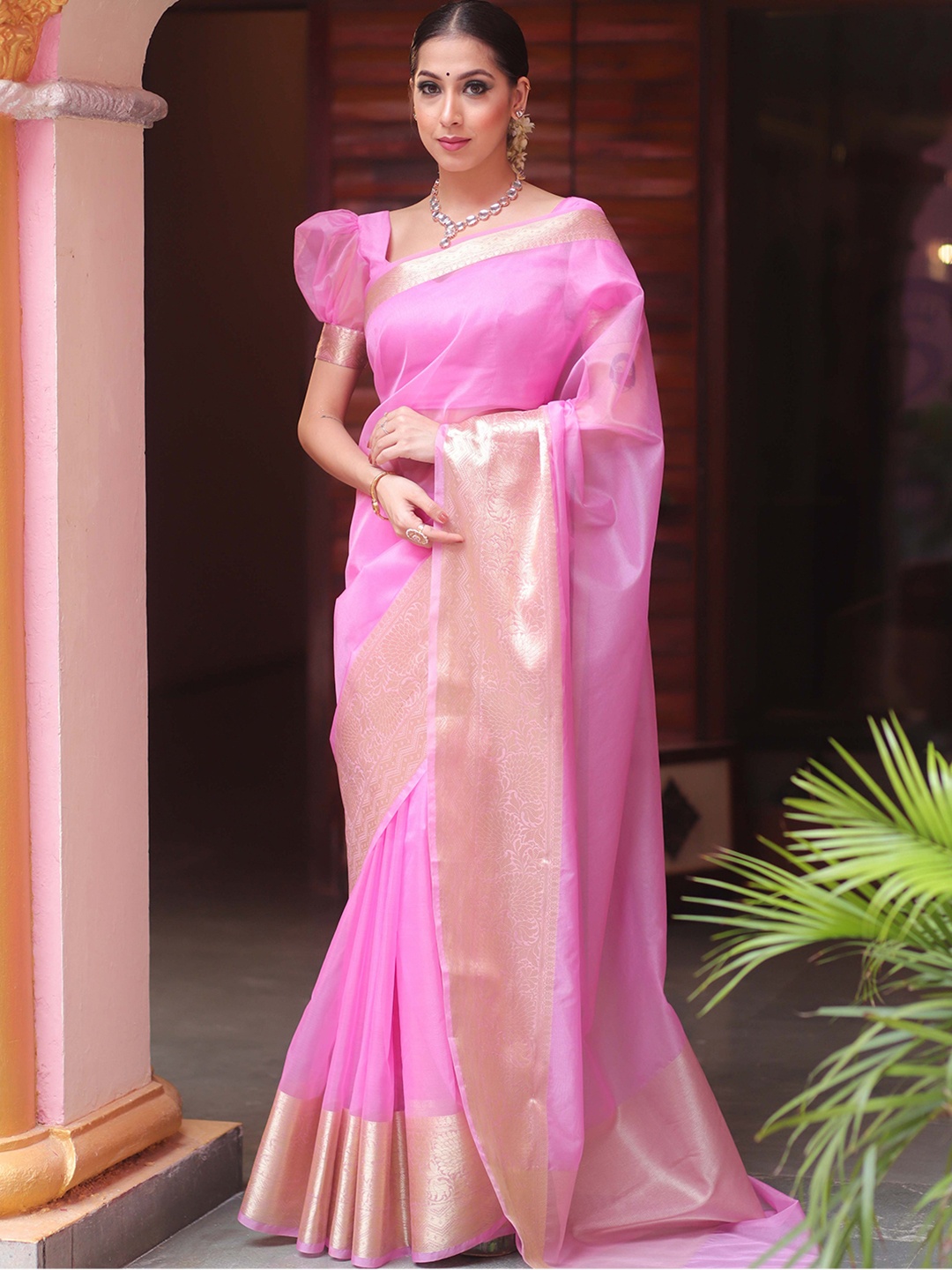 

GLORYANCE Zari Organza Banarasi Saree, Pink