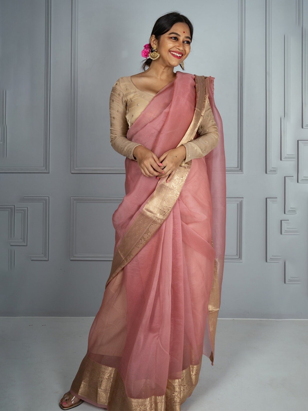 

GLORYANCE Zari Organza Banarasi Saree, Peach