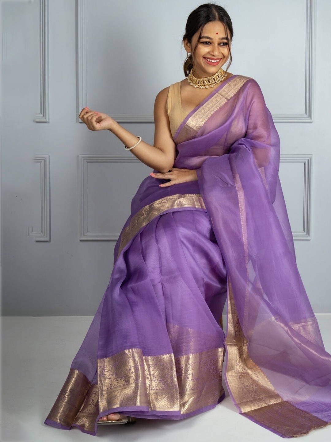 

GLORYANCE Zari Organza Banarasi Saree, Purple
