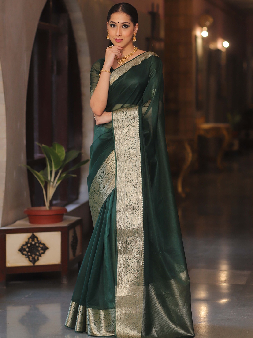 

GLORYANCE Zari Organza Banarasi Saree, Turquoise blue