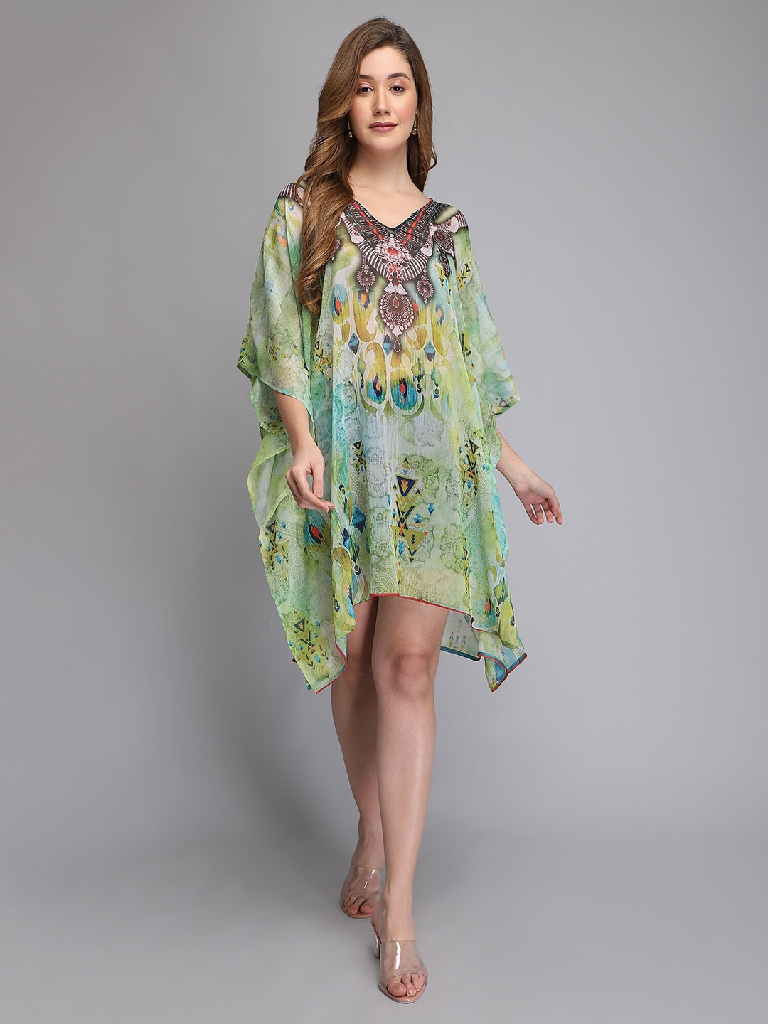 

Aditi Wasan Ethnic Motifs Printed V-Neck Kimono Sleeves Semi Sheer Chiffon Kaftan Dress, Green