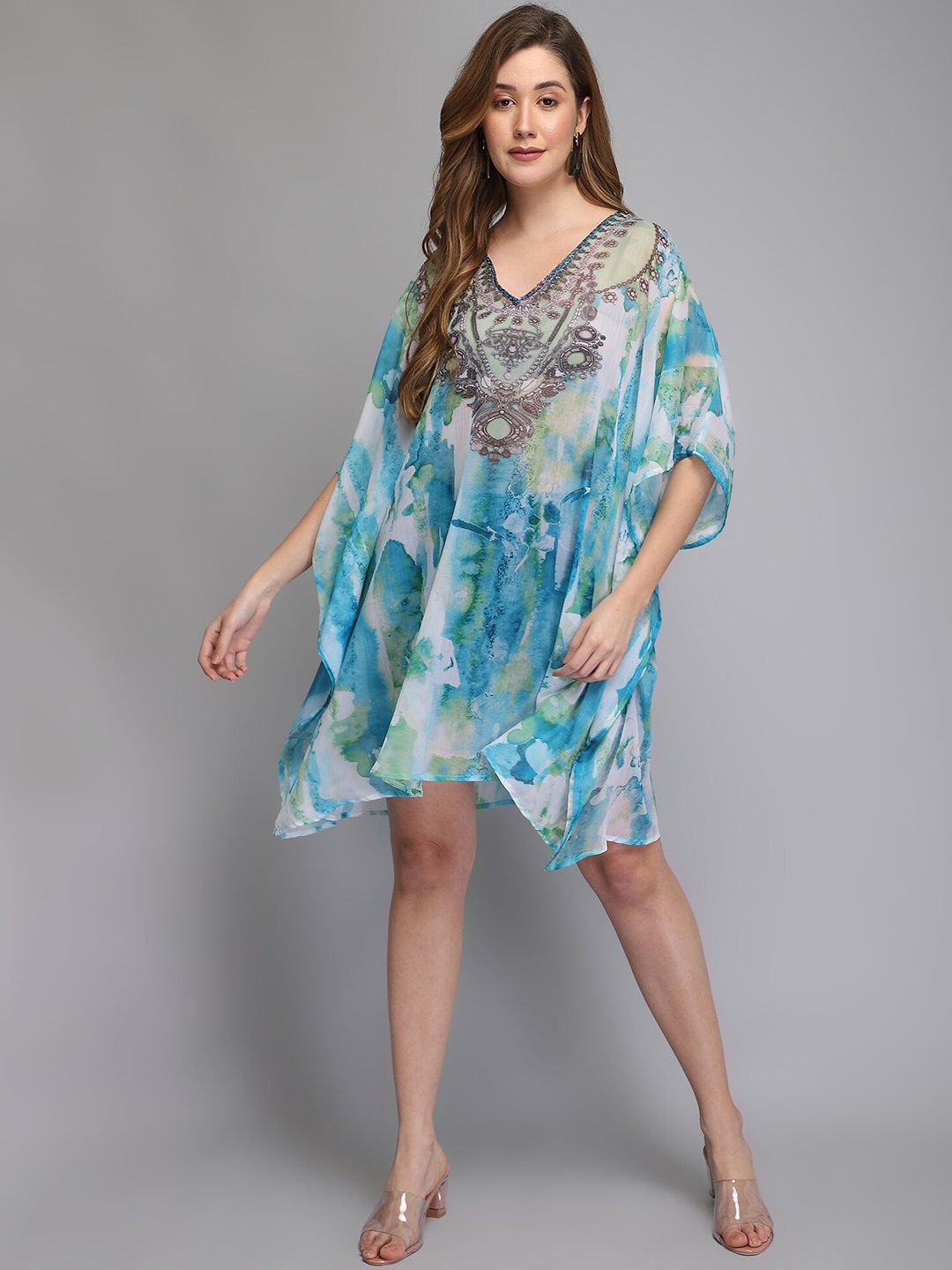 

Aditi Wasan Ethnic Motifs Printed V-Neck Kimono Sleeves Semi Sheer Chiffon Kaftan Dress, Blue
